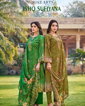 ISHQ SUFIYANA BY RIAZ ARTS - PURE COTTON PRINTED EMBROIDERED SWAROSKI WORK SUITS CATALOG BY SURAT WHOLESALE DEALER